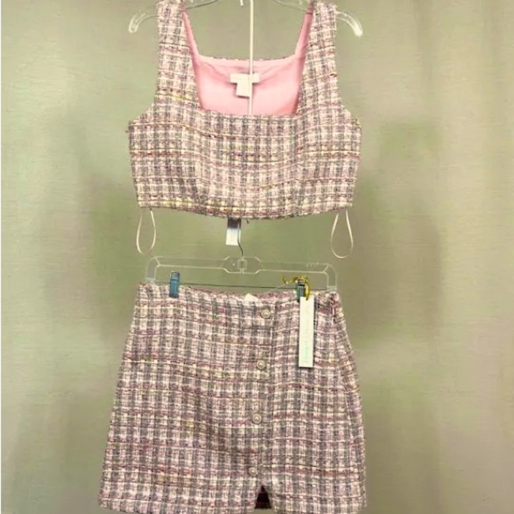 House of Harlow 1960 Boucle Tweed Mini Skirt Set w Pearl Buttons